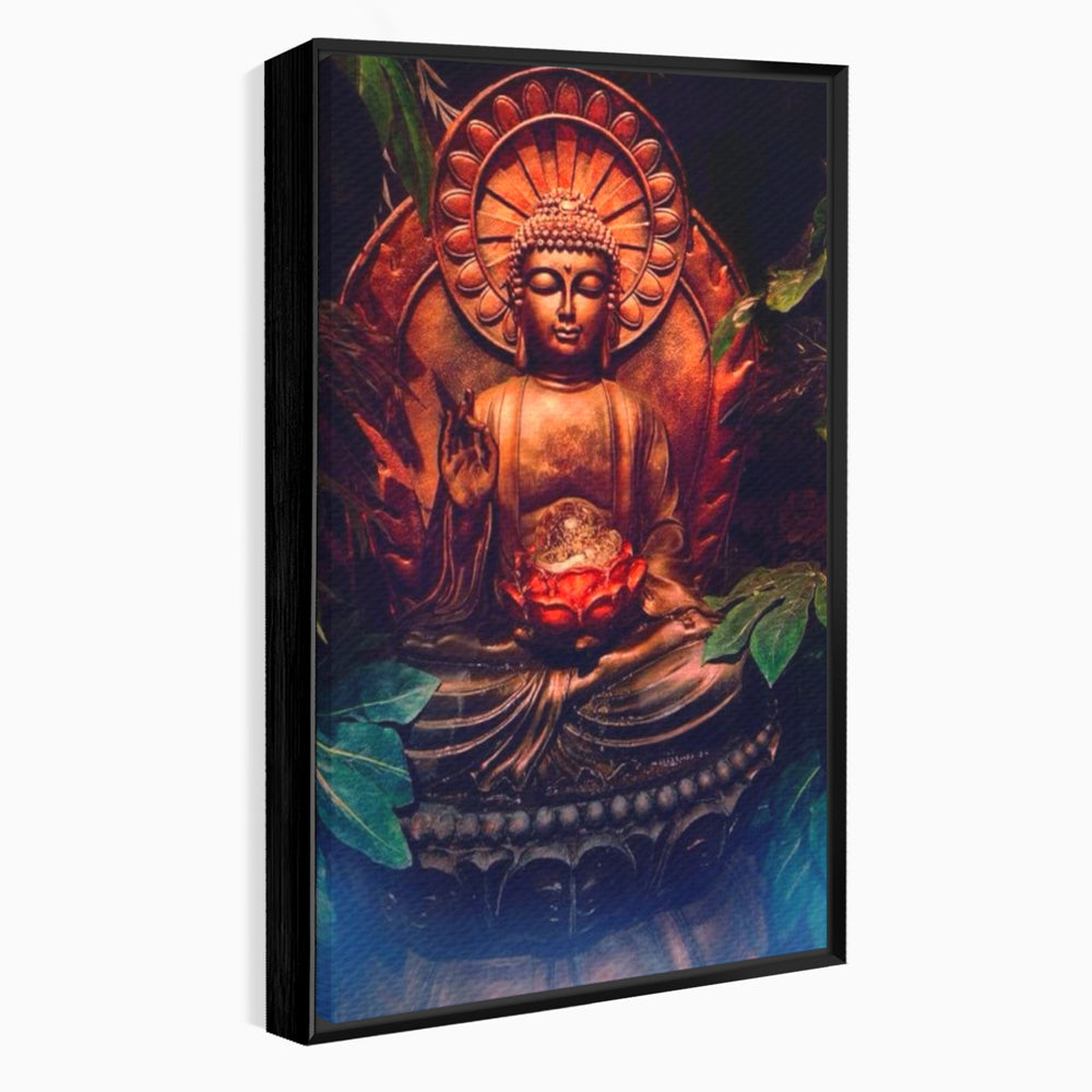 Tablou canvas cu tablou canvas cu statuie buddha in meditatie, in rama de aluminiu negru